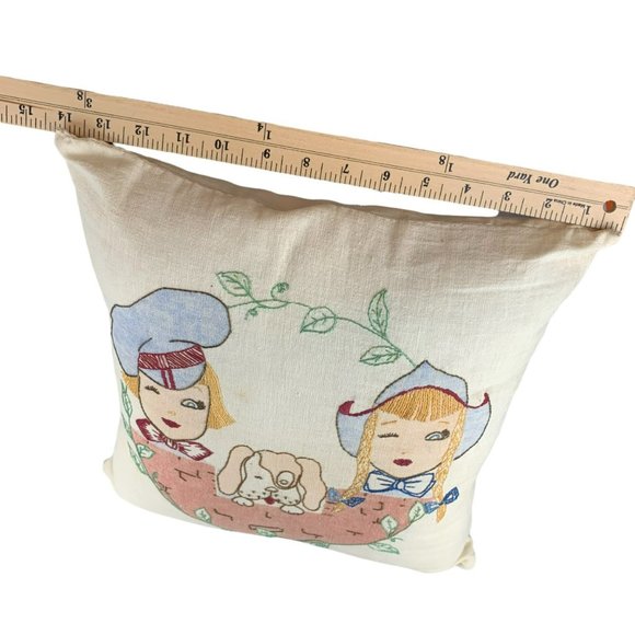 Vtg Hand Embroidered Pillow Children Dog Eating Watermelon Summer Whimsical 14" - Picture 10 of 12